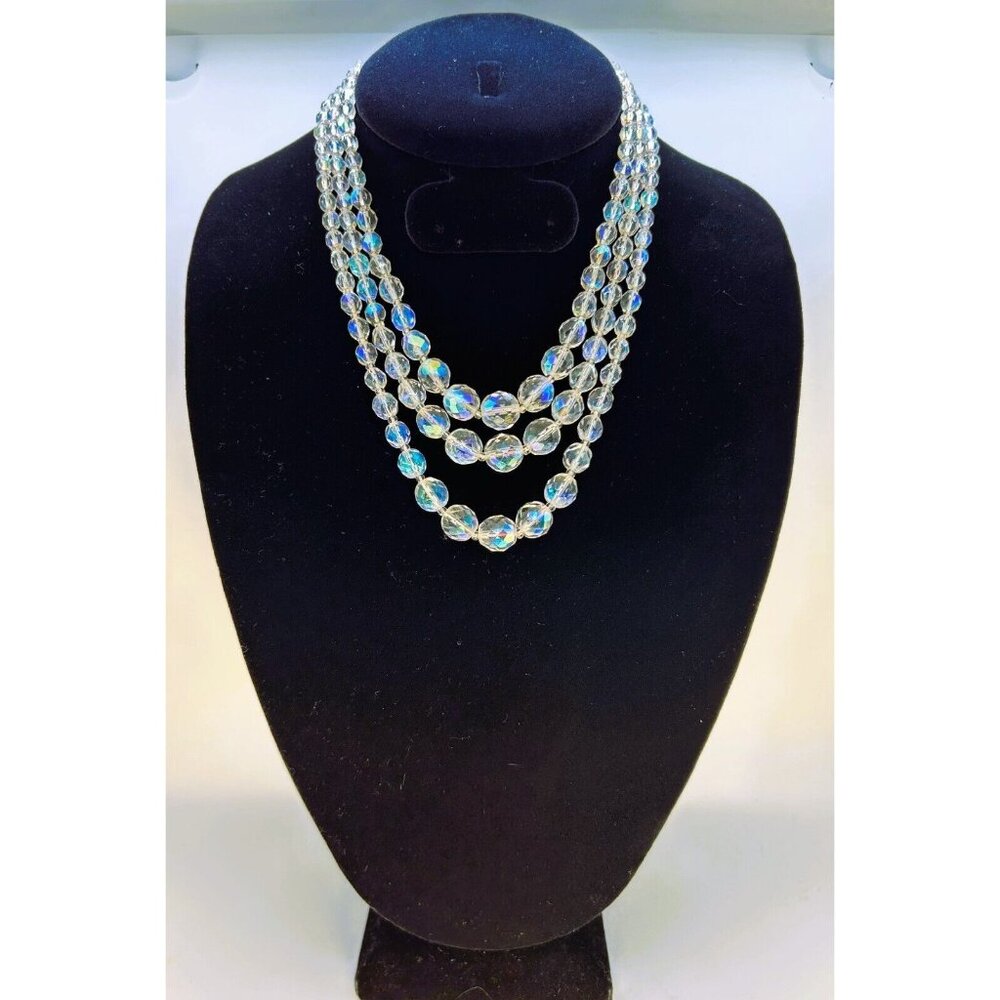 Aurora Borealis Glass Necklace 3 Strand Graduated Length 17 in Silver-tone Clasp - Picture 2 of 5